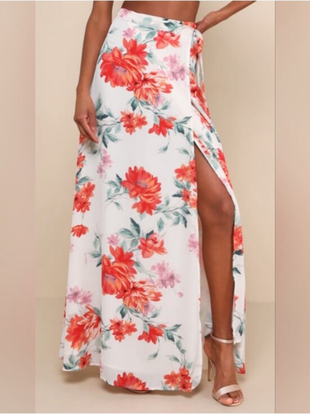 Lulu's Bloom With a View White Floral Wrap Maxi Skirt with Coral & Pink Blooms